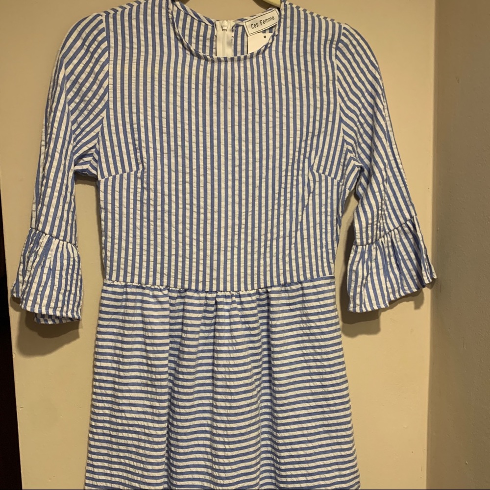 Blue striped seersucker dress ruffle sleeves - Picture 4 of 7